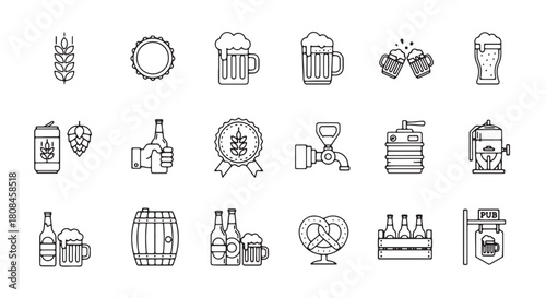 Set of beer icons line art vector illustration for brewery pub bar and Oktoberfest designs isolated 