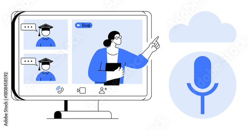 Online meeting with educator teaching students via video call, live recording, and digital tools. Ideal for education, webinar, e-learning, remote work, communication, technology simple flat