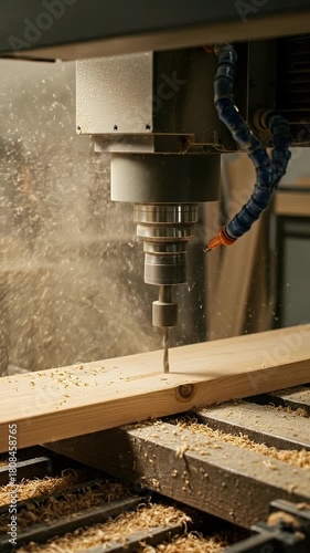Woodworking Machine Drilling Wood Producing Dust Particles Warm Lighting