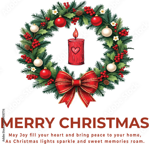 Christmas greeting vector with red candle in ornamented wreath of pine, holly, and bow for seasonal branding