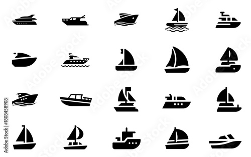 Boat and Ship Icon Set,  Black Silhouettes of Yacht, Sailboat, Warship, Ferry & Cargo Vessel Vector