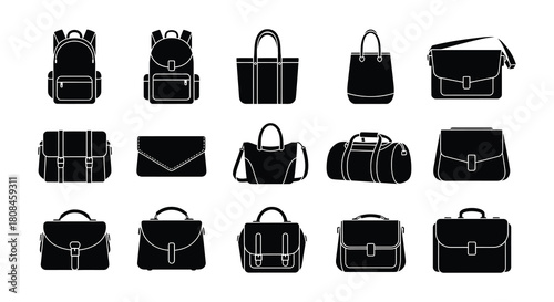 Collection of various black silhouette handbags backpacks and tote bags