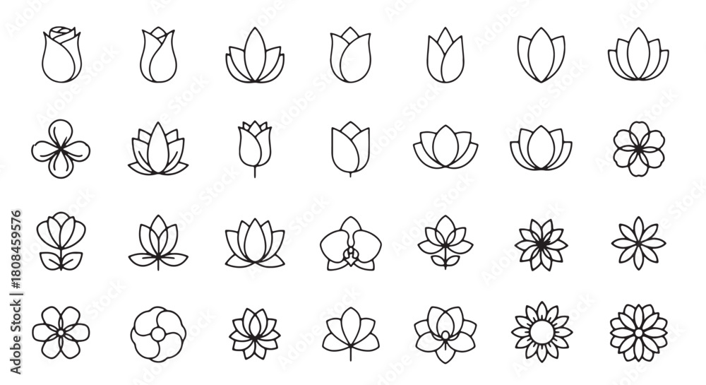 Fototapeta premium Set of minimalist flower icons simple line art vector design perfect for botanical designs and flora