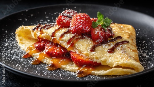 Crepe with berries, chocolate sauce, and powdered sugar on black plate