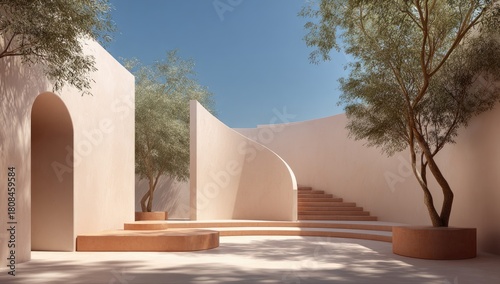 Minimalist courtyard with soft peach walls and curved steps