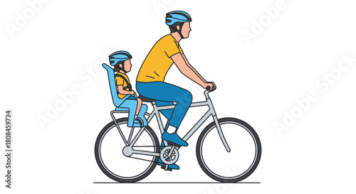 Father and Child Riding a Bicycle Together with Safety Helmets