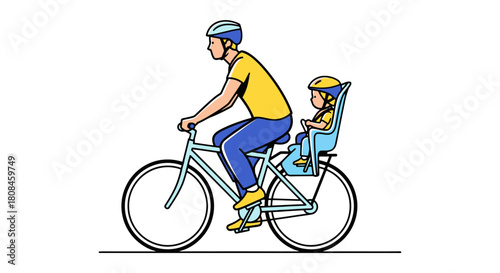 Father and Child Enjoying a Bicycle Ride Together Safety Helmets On