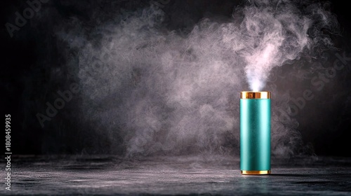 A teal and gold cylindrical device stands on a dark surface, emitting a thick cloud of white smoke that billows upwards and outwards.