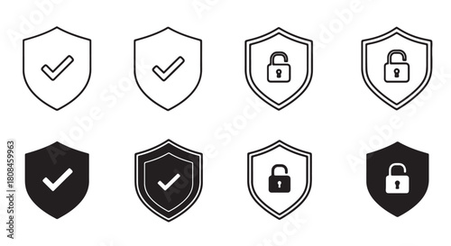 Set of shield icons with checkmark and padlock security vector glyphs for app and web design isolate
