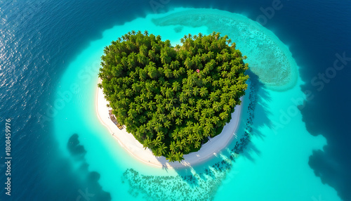 Heart-Shaped Tropical Island and Pier Surrounded by Turquoise Water