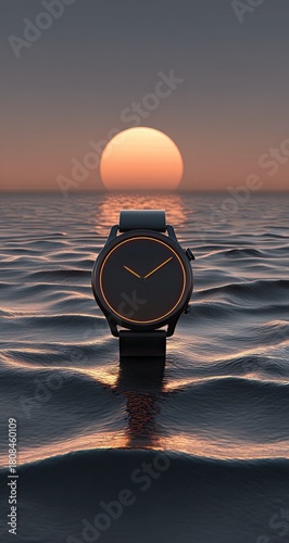 Watch emerges from ocean; sunrise or sunset in background