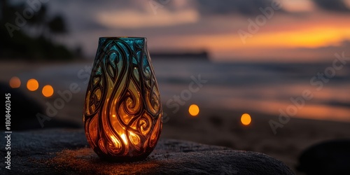 Glass lamp glows on beach, sunset sky, soft light ambience behind