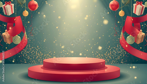 Festive Christmas red podium stage with sparkling glitter, gift boxes, and hanging ornaments.