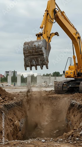 Yellow Excavator Digging Trench Construction Site Overcast Sky Footage