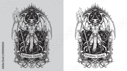 Infernal Legion: Horned Demon King with Trident, Chains, and Occult Runes
