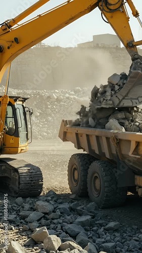 Yellow Excavator Loading Rocks Into Dump Truck At Construction Site