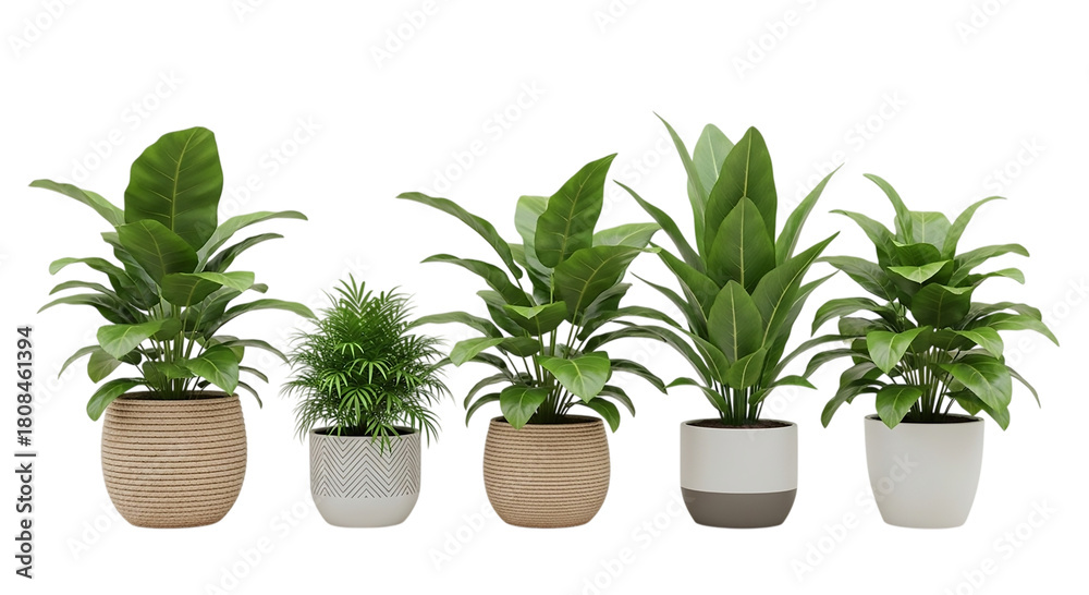 Fototapeta premium Five Assorted Indoor Plants in Natural and Modern Planters