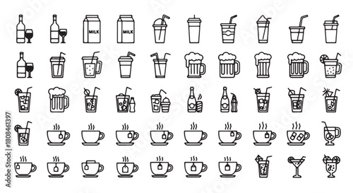 Set of drink icons outline vector illustration for menu design isolated on white background