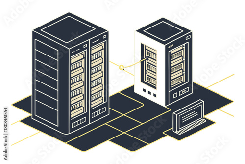 Data Center Servers Connected Network Isometric Line Art Illustration
