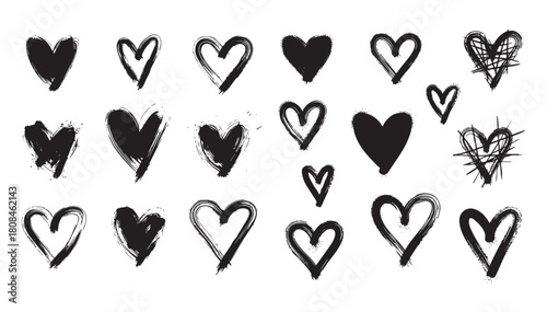 Set of Hand Drawn Brush Stroke Heart Shapes Vector Graphic