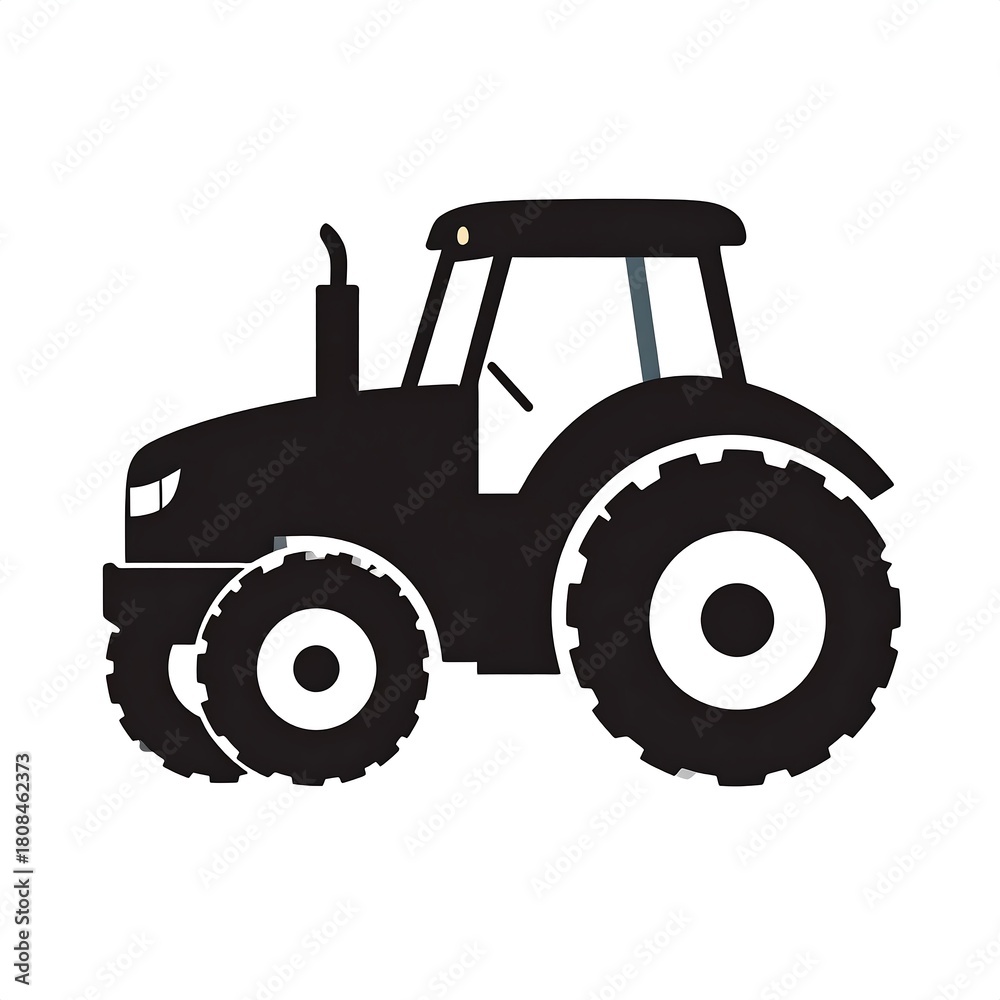Obraz premium Black silhouette of a tractor, side view, with large wheels and detailed engine components. Designed in a vector-style for digital use