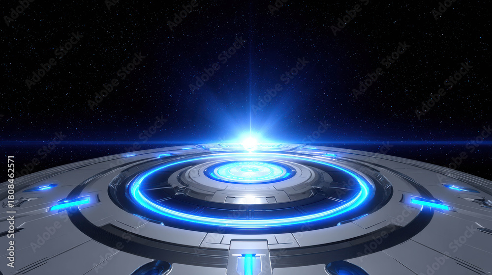 Obraz premium Futuristic Holographic Render of a Planetary Control Interface with Bright Light Emitting from the Center in a Cosmic Environment