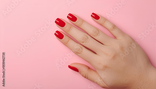 Female hand with vibrant red nail polish manicure on a bright pink background