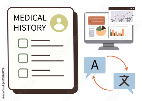 Electronic medical history alongside analytics dashboard with charts and a translation process. Ideal for healthcare, data analysis, global communication, digital records, multilingual solutions