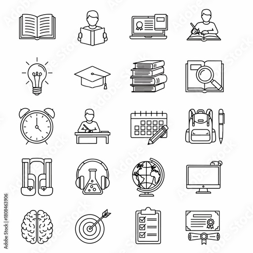Education and Learning Icons Set Featuring Books, Graduation Cap, Lightbulb, Brain, Globe, and Computer, Representing Knowledge and Study