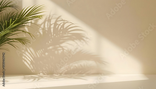 Empty warm beige wall with tropical palm leaf shadow and natural sunlight