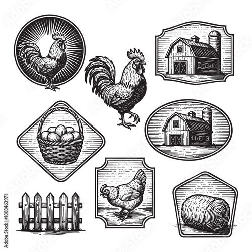 Vintage Farm and Poultry Elements Set Engraving Vector Illustration