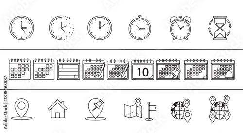 Set of time and location icons simple line vector symbols for app and web design isolated on white b