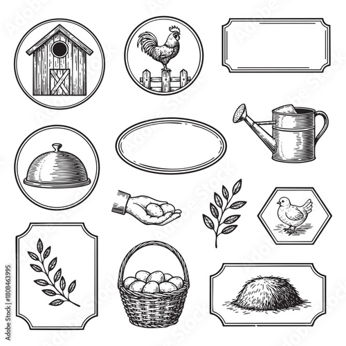 Vintage Farm and Poultry Elements Set Engraving Vector Illustration