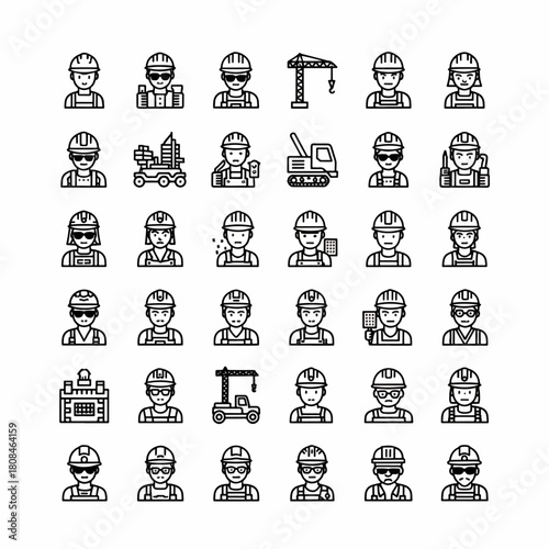 Construction worker icons set, diverse group of male and female builders and engineers with helmets and tools, line art vector illustration