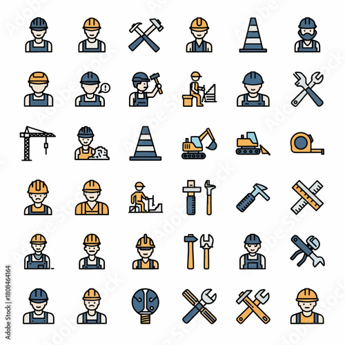 Construction worker icons set flat style, safety helmet, tools, machinery and equipment collection vector illustration