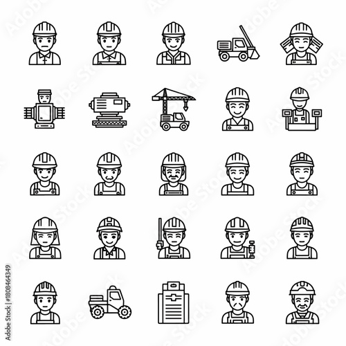 Construction workers and equipment icons in a flat design style, representing building industry professions and machinery.