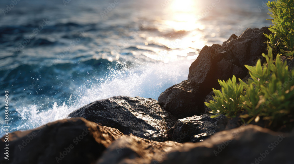 Obraz premium Crashing Waves Against Volcanic Rock Shoreline at Sunrise with Bright Reflection on Water Surface and Lush Greenery in Foreground