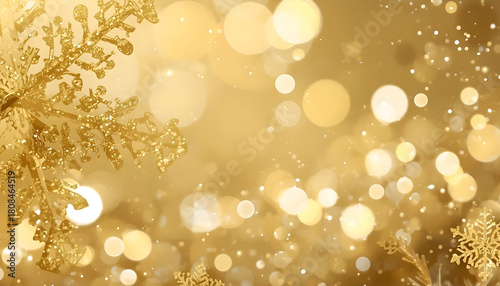 Luxurious golden glitter background with shimmering snowflakes and festive bokeh lights
