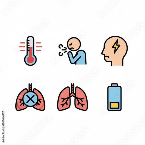 Essential Health and Illness Icons Collection Covering Common Symptoms like Fever, Cough, Lung Issues, and Fatigue