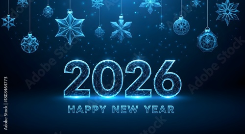 Futuristic glowing neon 2026 happy new year text with hanging snowflake ornaments on dark blue background