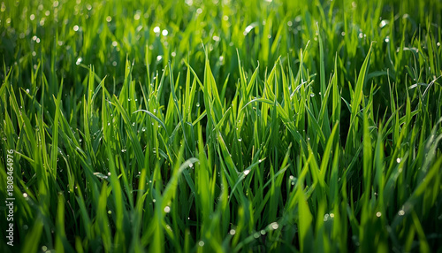 Vibrant green grass blades with sparkling morning dew drops in a natural field