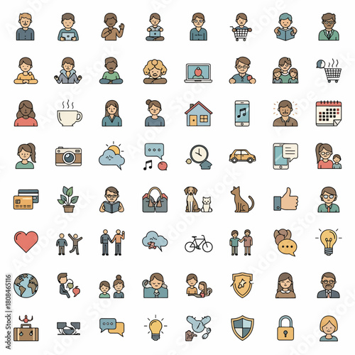 Diverse Collection of People, Family, Objects, and Lifestyle Icons Representing Modern Life