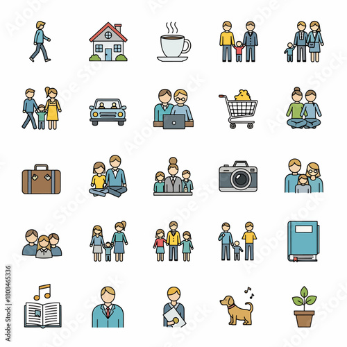 Diverse Family And Single People Icons Representing Various Aspects Of Modern Life And Activities