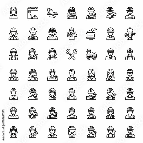 Diverse Group of Construction Workers and Tradespeople Icons with Tools and Equipment, Representing Various Professions