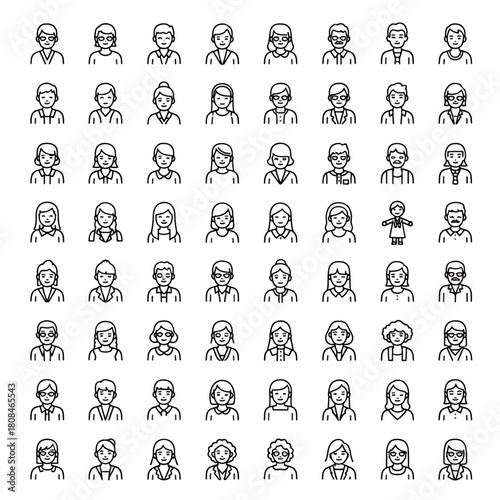 Diverse group of people avatars icon set representing various ages genders and professions with simple outline design