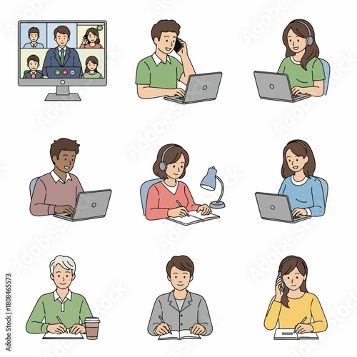 Diverse group of people engaged in online activities like video calls, remote work, and studying from home