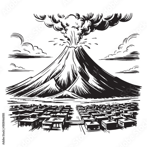 Black and white illustration of a volcano erupting over a city volcano eruption mountain