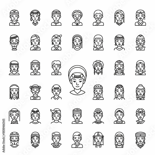 Diverse People Set Icon Collection Diverse Ethnicities Cultures Represented Multiculturalism Human Faces Line Art
