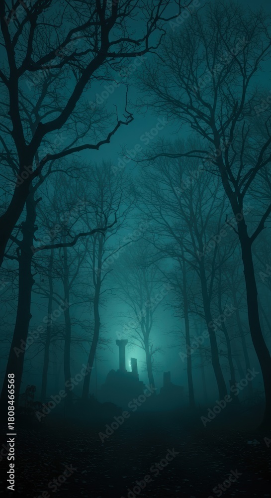 Fototapeta premium Eerie graveyard scene shrouded in mist and darkness.