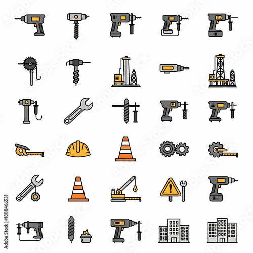 Construction tools icons set a collection of industrial equipment building machinery and hardware elements in a flat design style